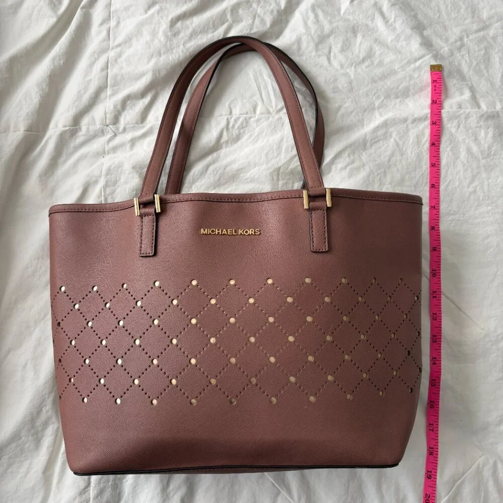 Michael Kors Dusty Rose Perforated Gold Saffiano Leather Corporate Chic Tote